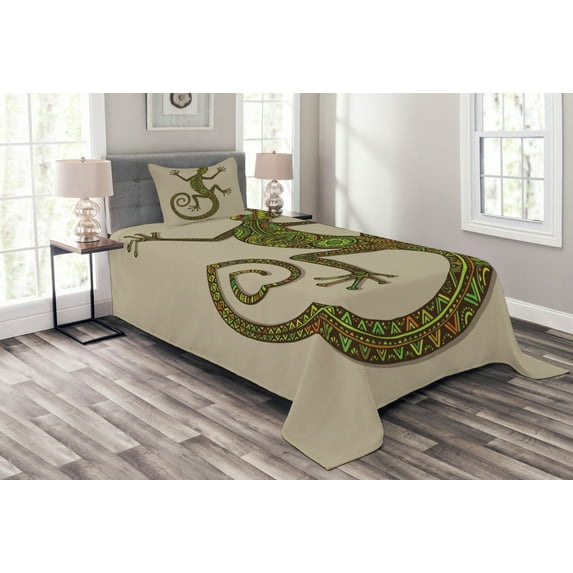 Ambesonne Colorful Quilted Bedspread Set 2 Pcs, Lizard Pattern, Twin Size, Green Tan