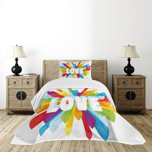 Ambesonne Colorful Quilted Bedspread Set 2 Pcs, Love Burst Gay LGBT, Twin Size, Multicolor