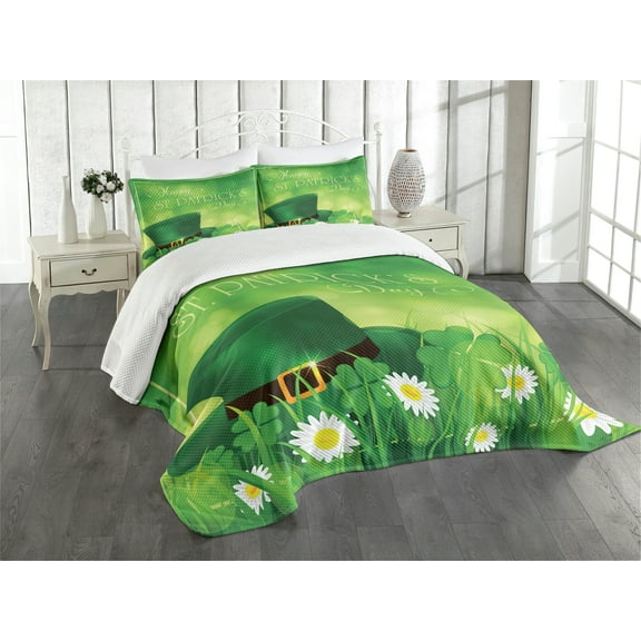 Ambesonne Colorful Quilted Bedspread Set 2 Pcs, Lucky Shamrock, Twin Size, Green