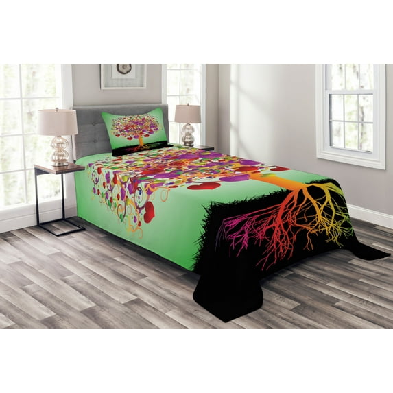 Ambesonne Colorful Quilted Bedspread Set 2 Pcs, Magic Love Tree Heart, Twin Size, Multicolor
