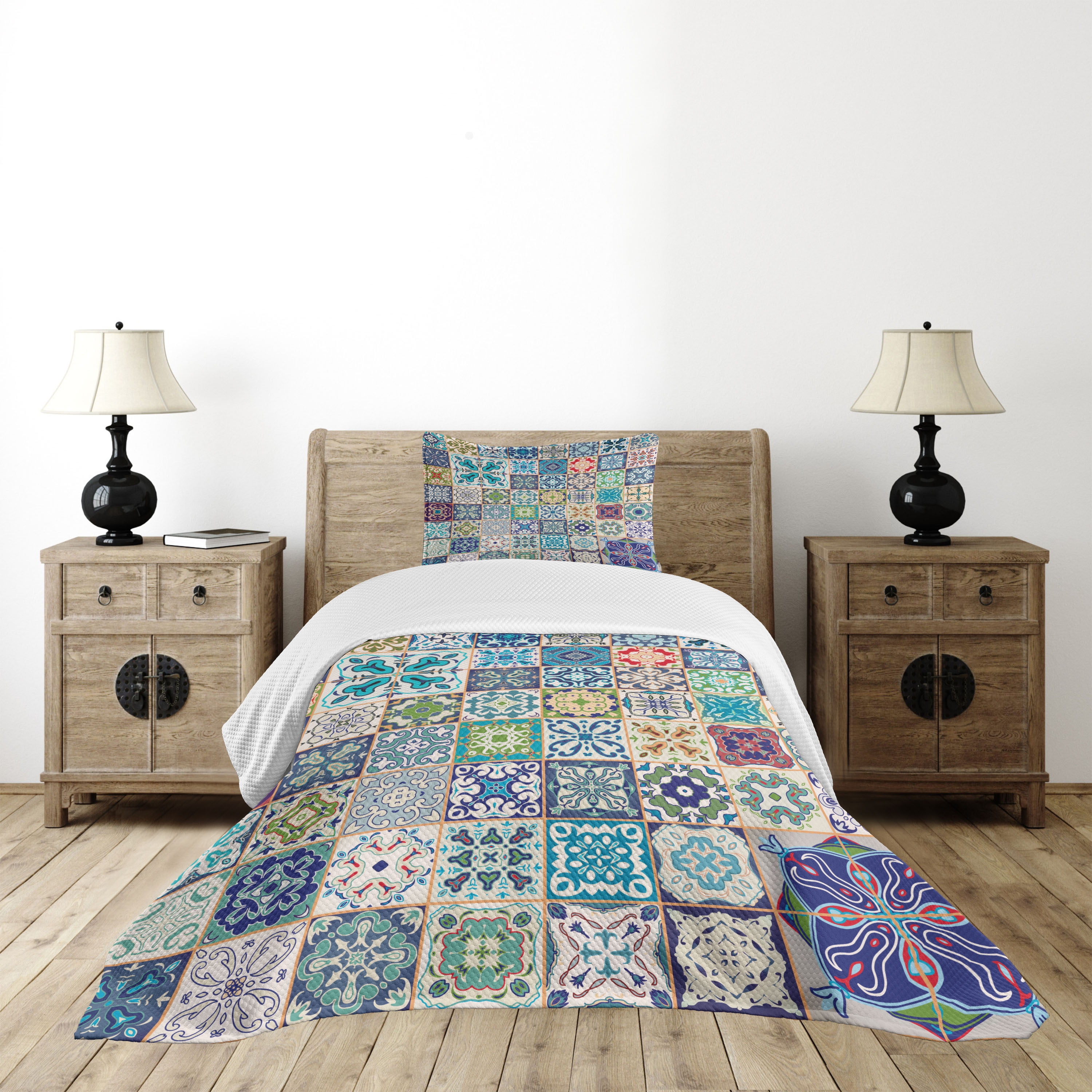 Colorful Moroccan Twin Bedspread Set with Pillow Sham