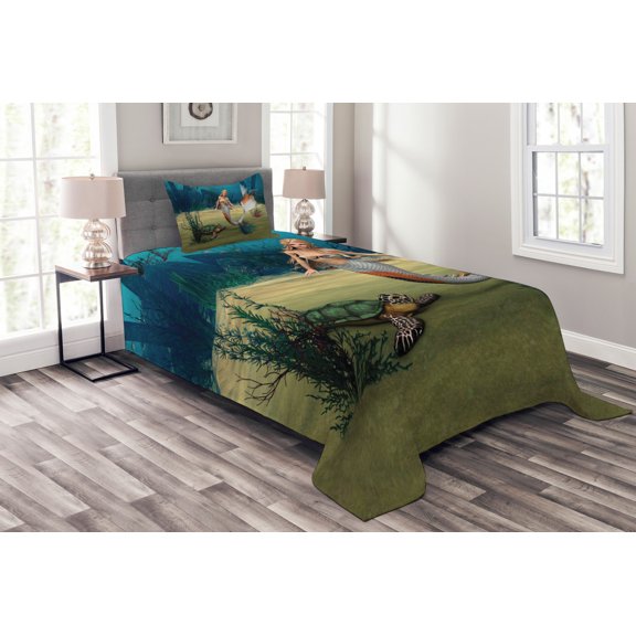 Ambesonne Colorful Quilted Bedspread Set 2 Pcs, Mermaid Turtle Ocean, Twin Size, Multicolor