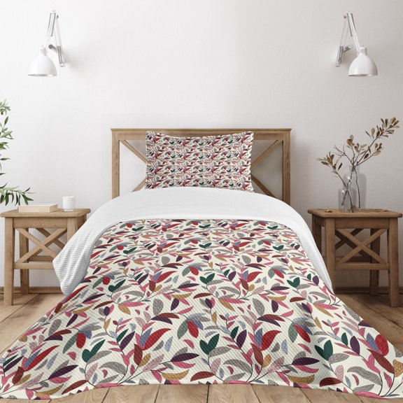 Ambesonne Colorful Quilted Bedspread Set 2 Pcs, Modern Swirls Leaves, Twin Size, Multicolor