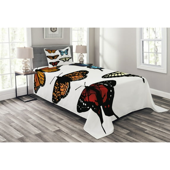 Ambesonne Colorful Quilted Bedspread Set 2 Pcs, Monarch Wings Abstract, Twin Size, Multicolor