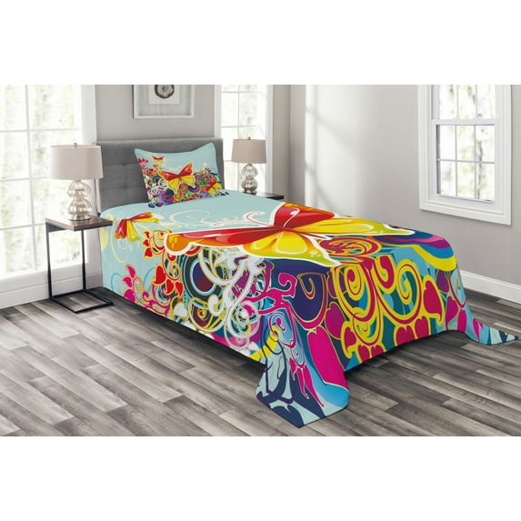 Ambesonne Colorful Quilted Bedspread Set 2 Pcs, Nature Leaves Butterfly, Twin Size, Multicolor