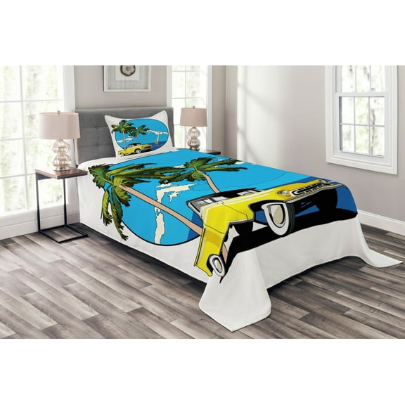 Ambesonne Colorful Quilted Bedspread Set 2 Pcs, Nostalgic Chevy Car, Twin Size, Multicolor