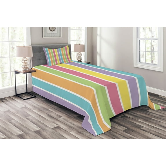 Ambesonne Colorful Quilted Bedspread Set 2 Pcs, Pastel Summer Funky, Twin Size, Multicolor