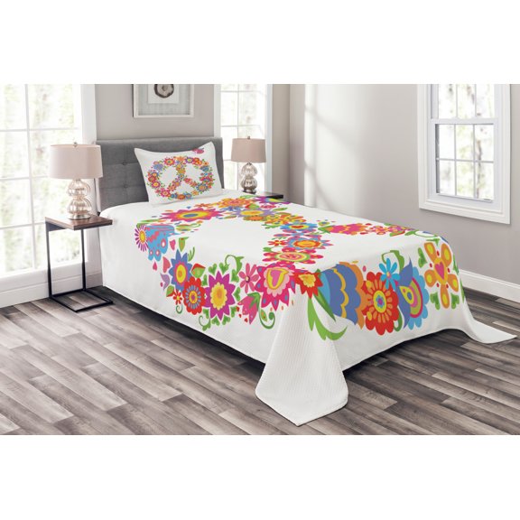 Ambesonne Colorful Quilted Bedspread Set 2 Pcs, Peace Equality Flower, Twin Size, Multicolor