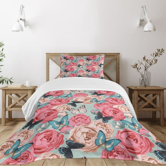 Ambesonne Colorful Quilted Bedspread Set 2 Pcs, Peony Rose Butterflies, Twin Size, Multicolor