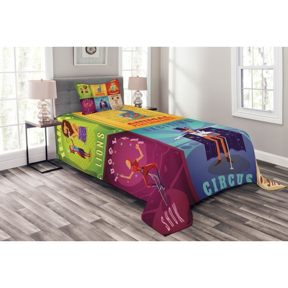 Ambesonne Colorful Quilted Bedspread Set 2 Pcs, Retro Circus Animals, Twin Size, Multicolor
