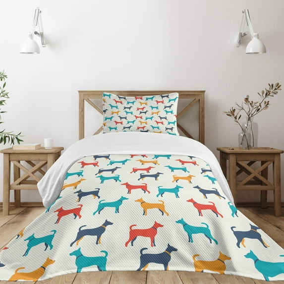 Ambesonne Colorful Quilted Bedspread Set 2 Pcs, Retro Dog, Twin Size, Grey Red Teal