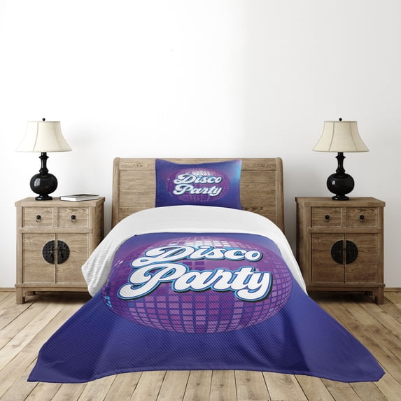 Ambesonne Colorful Quilted Bedspread Set 2 Pcs, Retro Letter Disco Ball, Twin Size, Purple Blue White