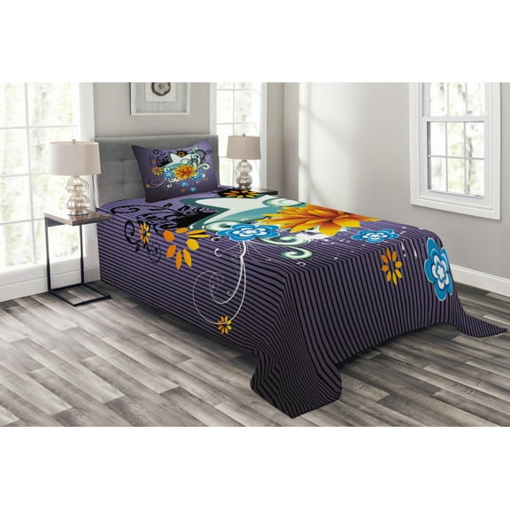 Ambesonne Colorful Quilted Bedspread Set 2 Pcs, Stars Flowers Swirls, Twin Size, Multicolor