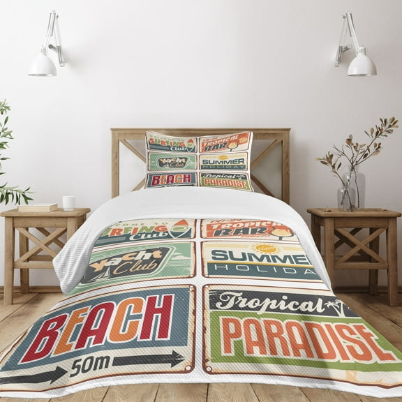 Ambesonne Colorful Quilted Bedspread Set 2 Pcs, Summer Holiday Vintage, Twin Size, Multicolor