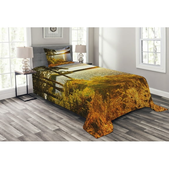 Ambesonne Colorful Quilted Bedspread Set 2 Pcs, Sunset Forest Canada, Twin Size, Multicolor