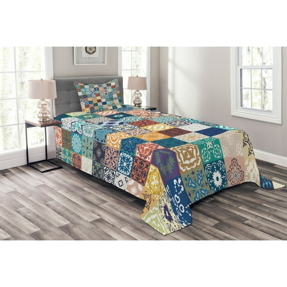 Ambesonne Colorful Quilted Bedspread Set 2 Pcs, Tunisian Original East, Twin Size, Multicolor