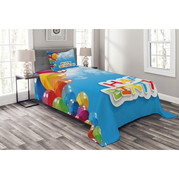 Ambesonne Colorful Quilted Bedspread Set 2 Pcs, Vibrant Balloons Sky, Twin Size, Multicolor