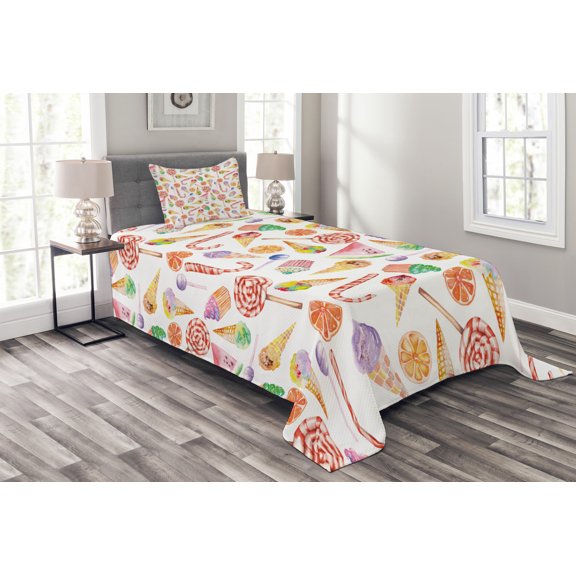 Ambesonne Colorful Quilted Bedspread Set 2 Pcs, Yummy Candies Cakes, Twin Size, Multicolor