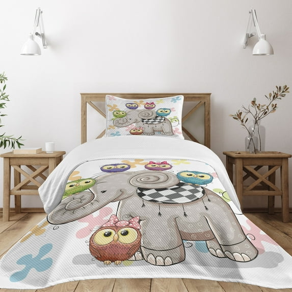 Ambesonne Colorful Quilted Bedspread Set 2 Pcs, and Owls Love, Twin Size, Multicolor