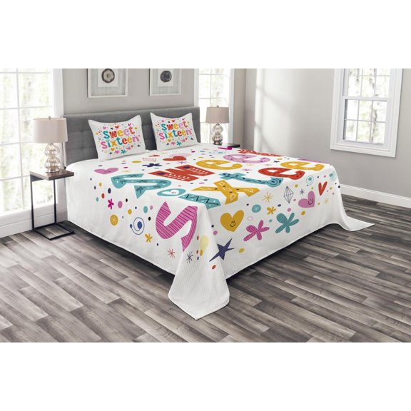 Ambesonne Colorful Quilted Bedspread Set 3 Pcs, 16 Blossoms, Queen Size, Multicolor