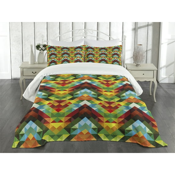 Ambesonne Colorful Quilted Bedspread Set 3 Pcs, Abstract Optic Pattern, Queen Size, Multicolor