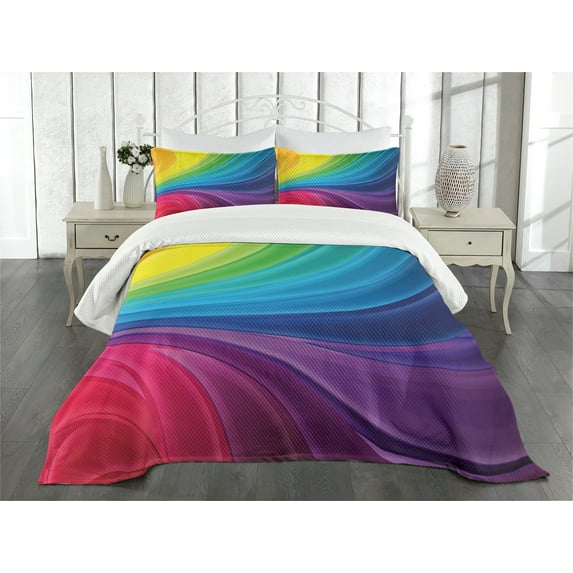 Ambesonne Colorful Quilted Bedspread Set 3 Pcs, Abstract Smooth Lines, King Size, Multicolor