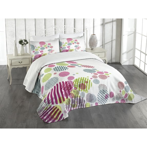 Ambesonne Colorful Quilted Bedspread Set 3 Pcs, Abstract Striped Dots, Queen Size, Multicolor