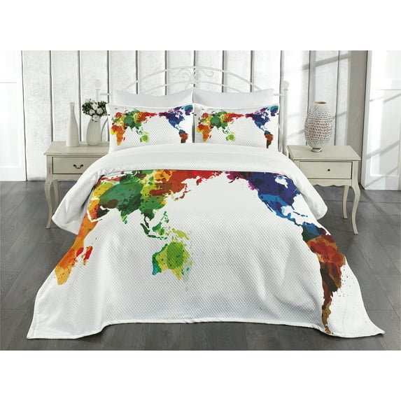 Ambesonne Colorful Quilted Bedspread Set 3 Pcs, Abstract Wold Map, King Size, Multicolor