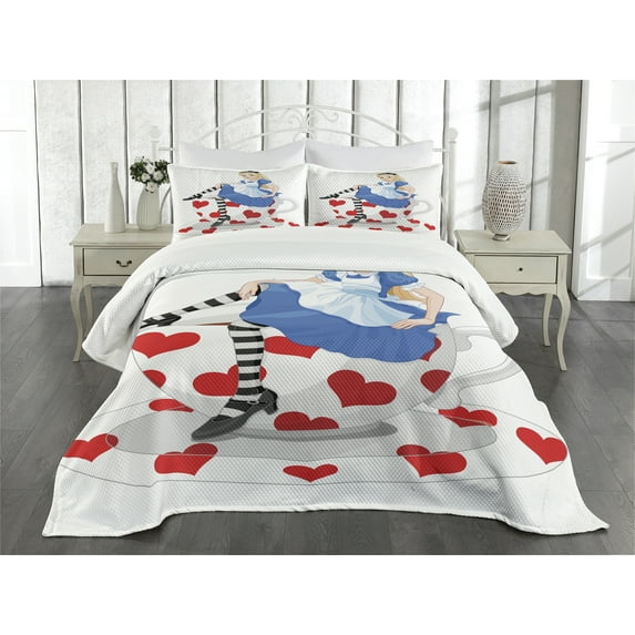 Ambesonne Colorful Quilted Bedspread Set 3 Pcs, Alice with Cup, Queen Size, Multicolor