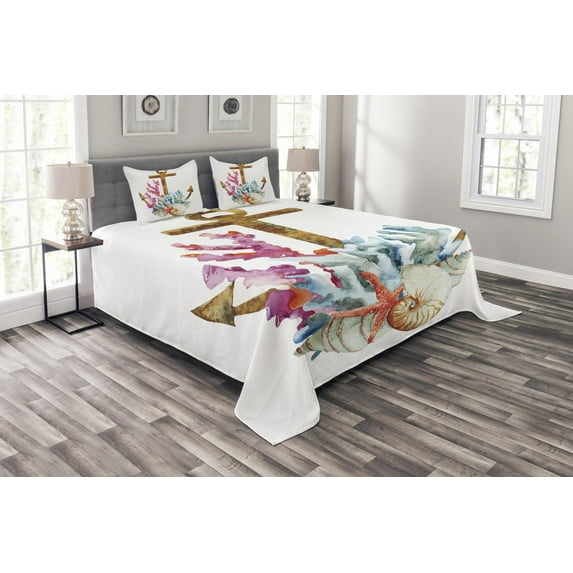 Ambesonne Colorful Quilted Bedspread Set 3 Pcs, Anchor Corals Seaweed, Queen Size, Caramel Multicolor
