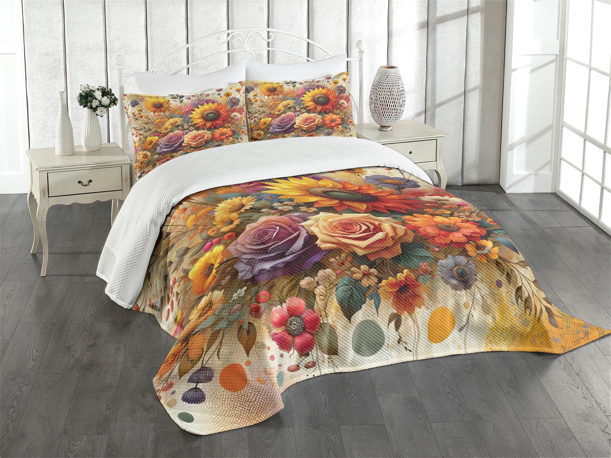 King Size Blue Floral Polyester Bedspread Set