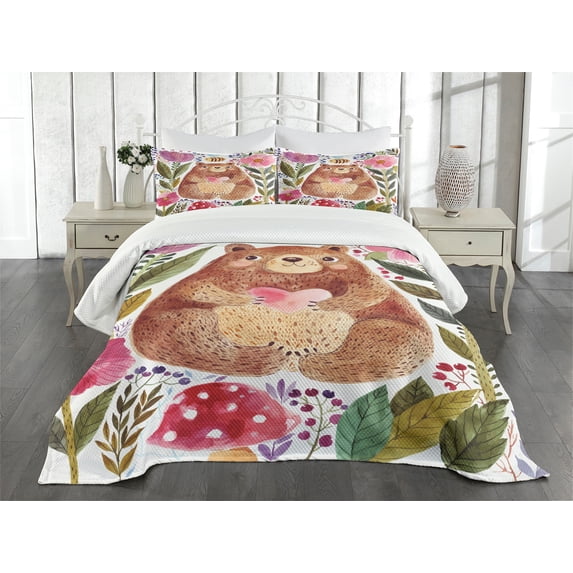 Ambesonne Colorful Quilted Bedspread Set 3 Pcs, Bear with Flowers, Queen Size, Multicolor