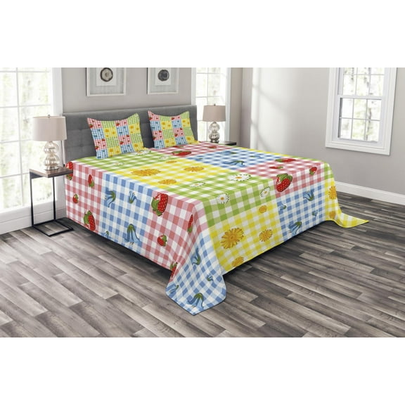 Ambesonne Colorful Quilted Bedspread Set 3 Pcs, Berries Flowers Picnic, King Size, Multicolor