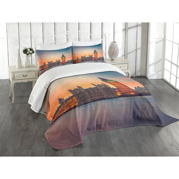 Ambesonne Colorful Quilted Bedspread Set 3 Pcs, Big Ben and Parliament, Queen Size, Multicolor