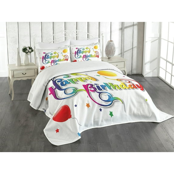 Ambesonne Colorful Quilted Bedspread Set 3 Pcs, Birthday Words Floral, King Size, Multicolor