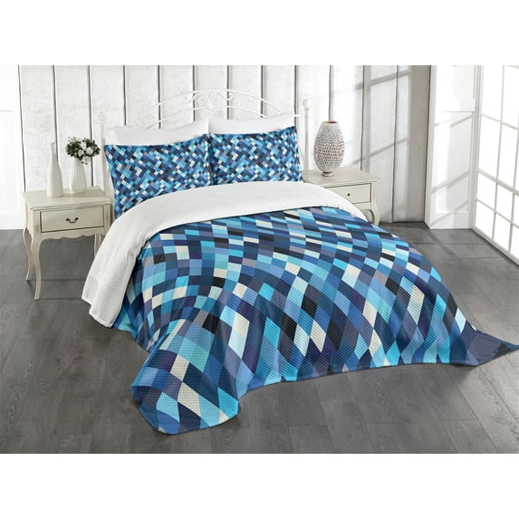 Ambesonne Colorful Quilted Bedspread Set 3 Pcs, Blue Toned Hexagons, Queen Size, Multicolor