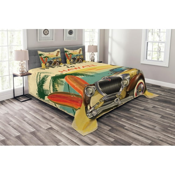 Ambesonne Colorful Quilted Bedspread Set 3 Pcs, Car Palms Tribal, Queen Size, Multicolor