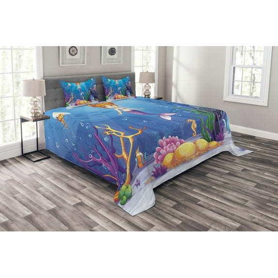 Ambesonne Colorful Quilted Bedspread Set 3 Pcs, Cartoon Mermaid Fish, Queen Size, Multicolor