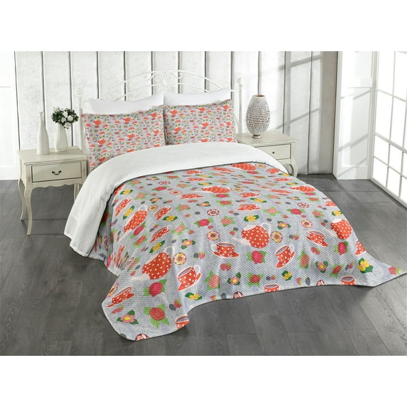 Ambesonne Colorful Quilted Bedspread Set 3 Pcs, Cartoon Tea Pots Roses, Queen Size, Multicolor
