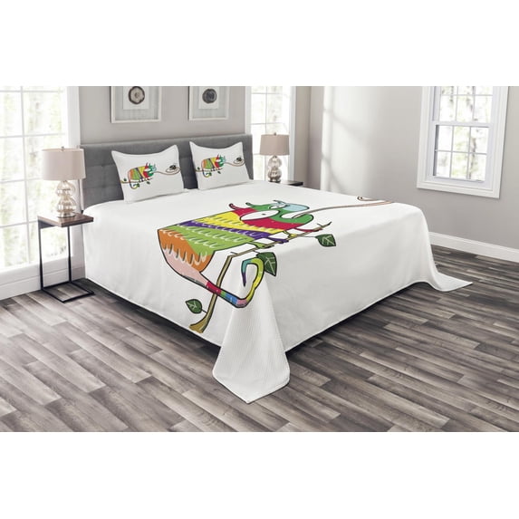 Ambesonne Colorful Quilted Bedspread Set 3 Pcs, Chameleon on Branch, King Size, Multicolor