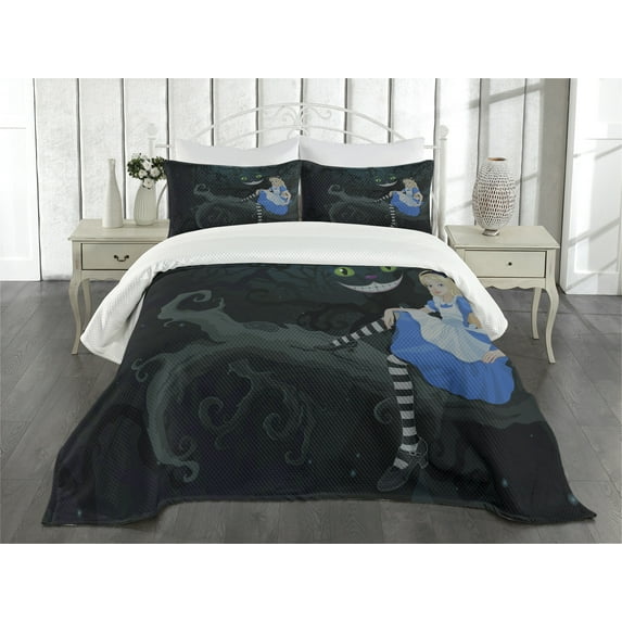 Ambesonne Colorful Quilted Bedspread Set 3 Pcs, Cheshire Cat in Forest, King Size, Multicolor