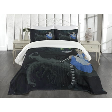 Ambesonne Colorful Quilted Bedspread Set 3 Pcs, Cheshire Cat in Forest, Queen Size, Multicolor