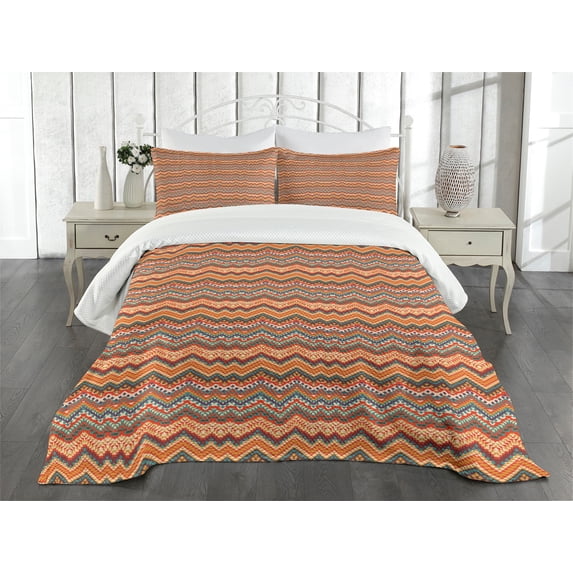 Ambesonne Colorful Quilted Bedspread Set 3 Pcs, Chevron Zig Zag, Queen Size, Multicolor