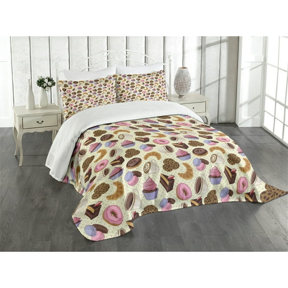 Ambesonne Colorful Quilted Bedspread Set 3 Pcs, Coffee Cups Cookies, King Size, Multicolor