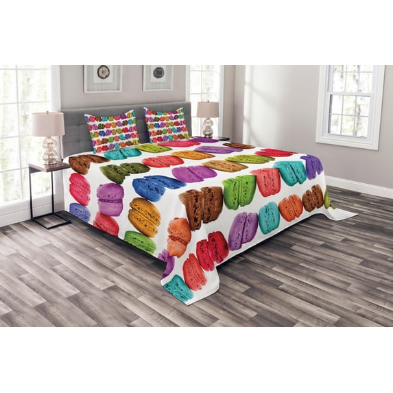 Ambesonne Colorful Quilted Bedspread Set 3 Pcs, Coffee Shop Cookies, Queen Size, Multicolor