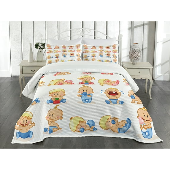 Ambesonne Colorful Quilted Bedspread Set 3 Pcs, Crying Smiling Characters, King Size, Multicolor