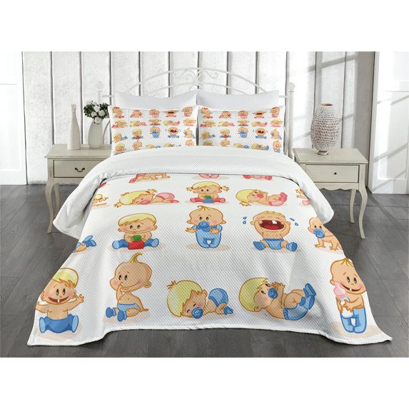 Ambesonne Colorful Quilted Bedspread Set 3 Pcs, Crying Smiling Characters, Queen Size, Multicolor