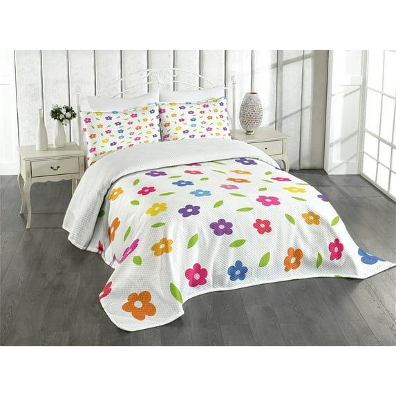 Ambesonne Colorful Quilted Bedspread Set 3 Pcs, Daisies Leaves Meadow, King Size, Multicolor