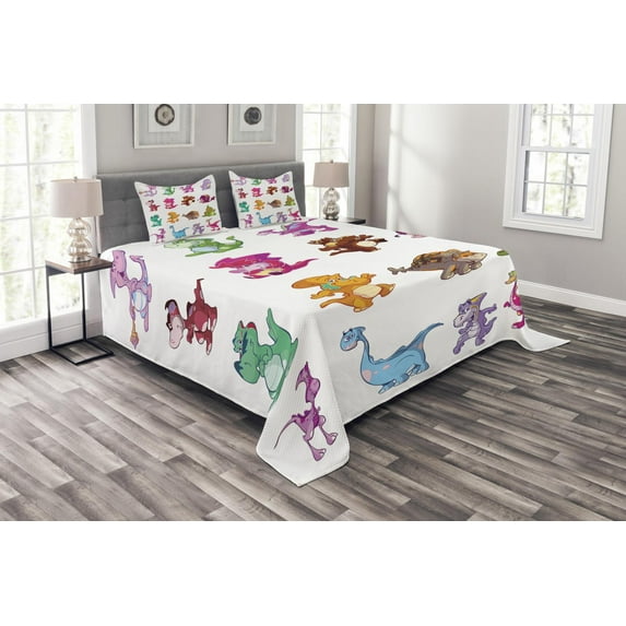 Ambesonne Colorful Quilted Bedspread Set 3 Pcs, Dinosaurs Extinction, Queen Size, Multicolor