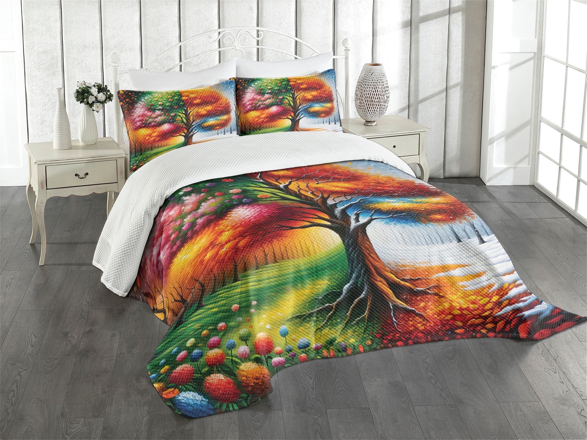 Colorful King Size Polyester Bedspread Set with Tree Design